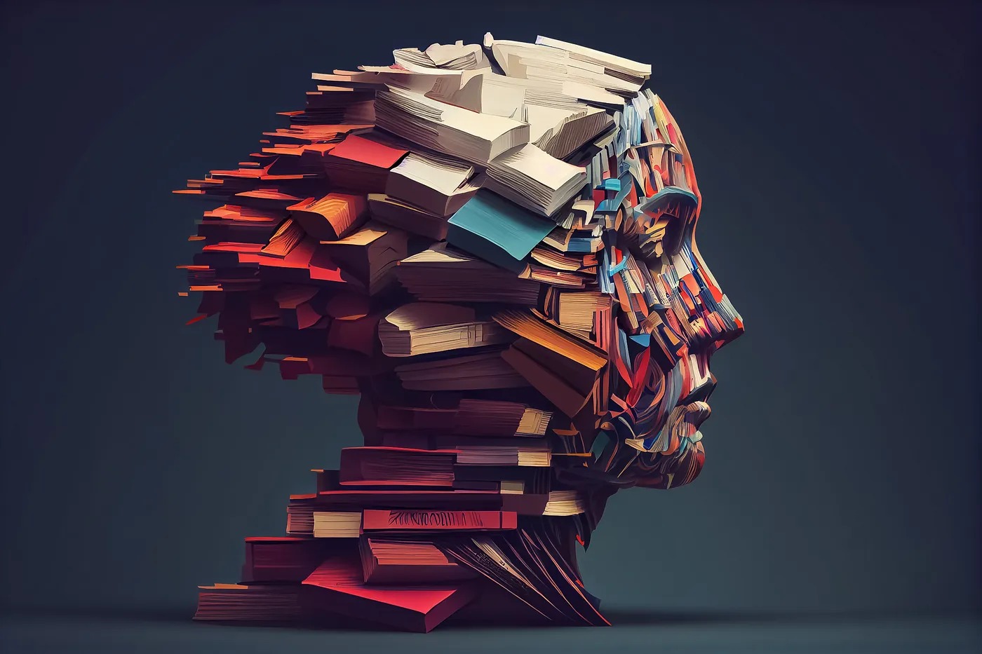 Conceptual illustration of a head formed from stacked books, representing knowledge and content expertise